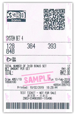 3+3D Bonus System Bet 4 Sample Ticket