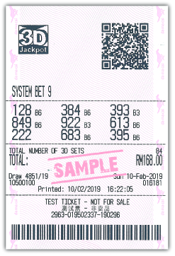 3D Jackpot System Bet 9 Sample Ticket
